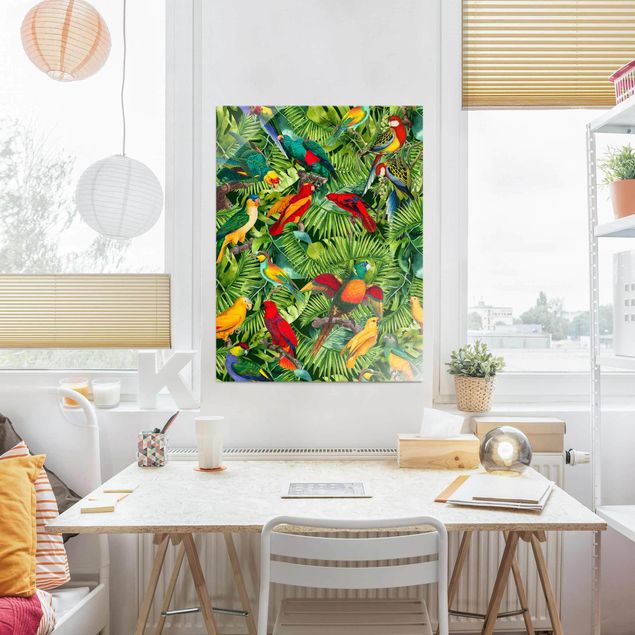 Glasbilder Pflanzen Bunte Collage - Papageien im Dschungel