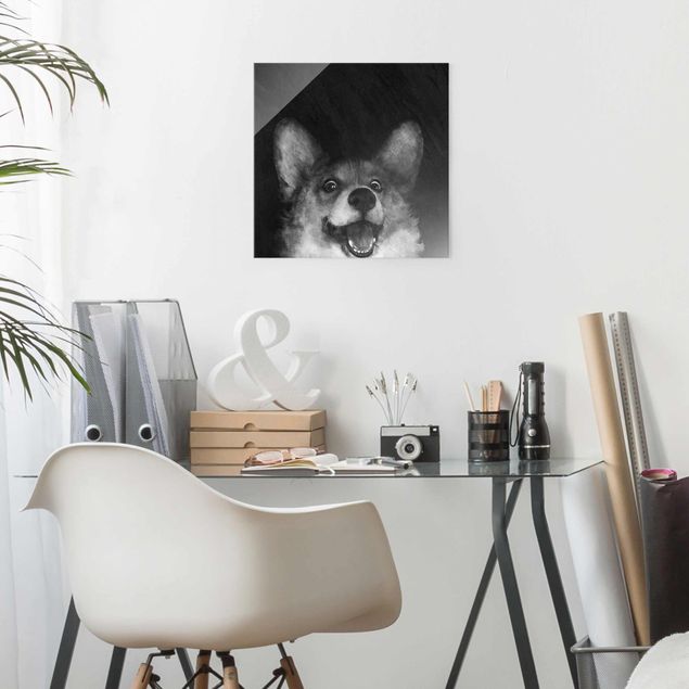 Glasbild - Illustration Hund Corgi Malerei Schwarz Weiß - Quadrat 1:1