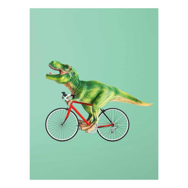 Glasbild - Jonas Loose - Dinosaurier mit Fahrrad - Hochformat 4:3