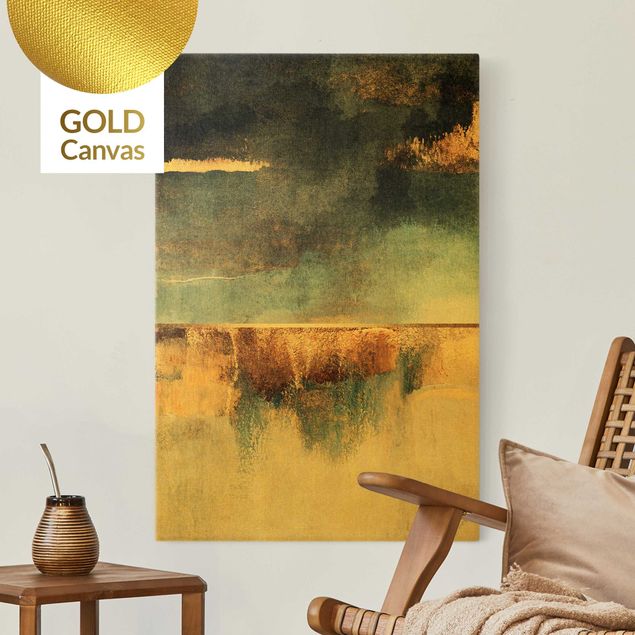 Leinwandbild Gold - Abstraktes Seeufer in Gold - Hochformat 2:3
