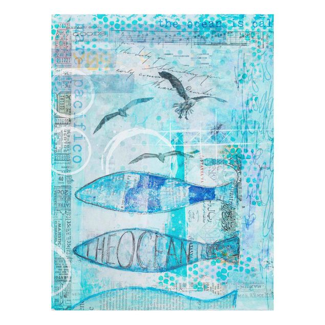 Glas Wandbilder Bunte Collage - Blaue Fische