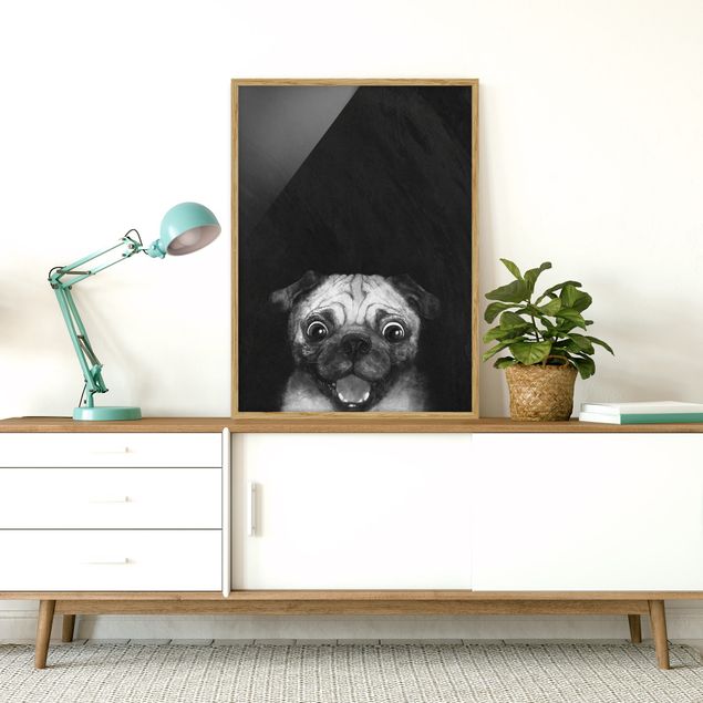 Gerahmte Kunstdrucke Illustration Hund Mops Malerei auf Schwarz Weiß