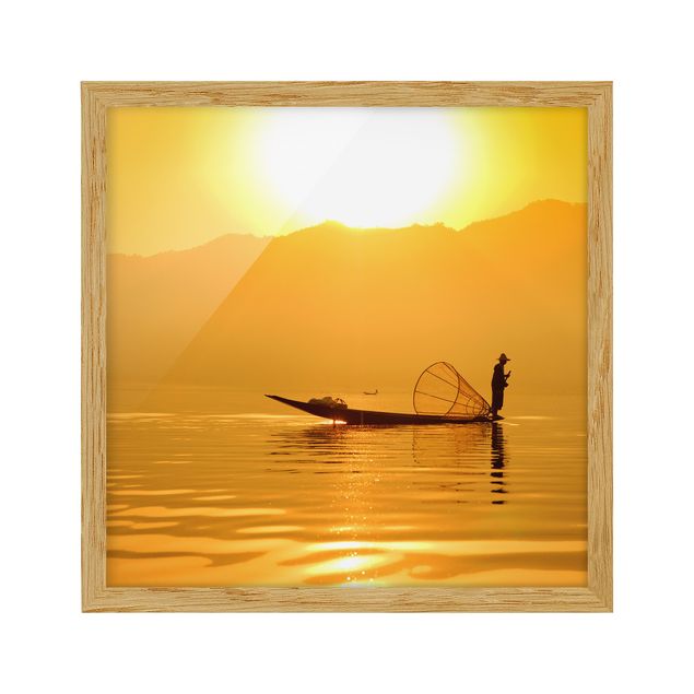 Bild mit Rahmen - Fischer im Sonnenaufgang - Quadrat 1:1
