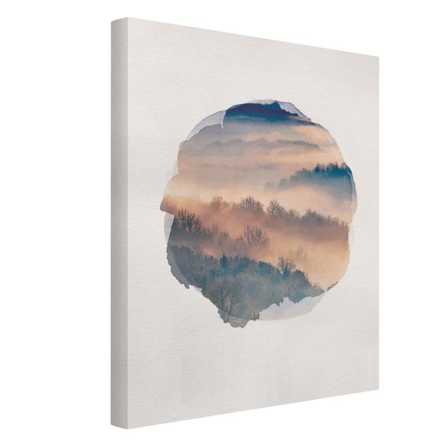 Wandbilder Wald Wasserfarben - Nebel bei Sonnenuntergang