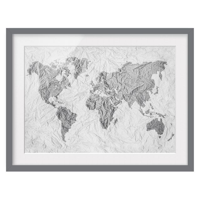 Bilder mit Rahmen Papier Weltkarte Weiß Grau