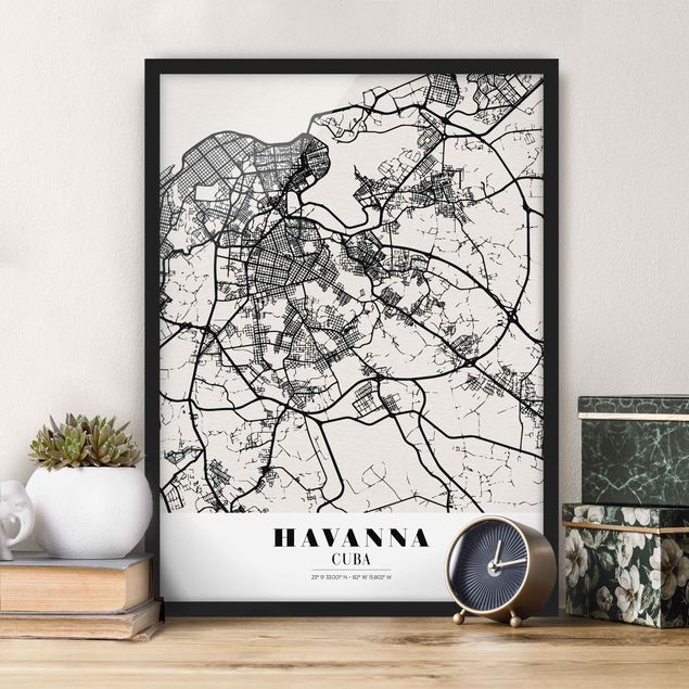 Schwarz-Weiß Bilder mit Rahmen Stadtplan Havanna - Klassik