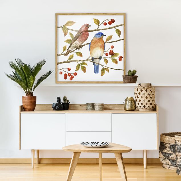 Kunstdruck Bilder mit Rahmen Vögel und Beeren - Hüttensänger