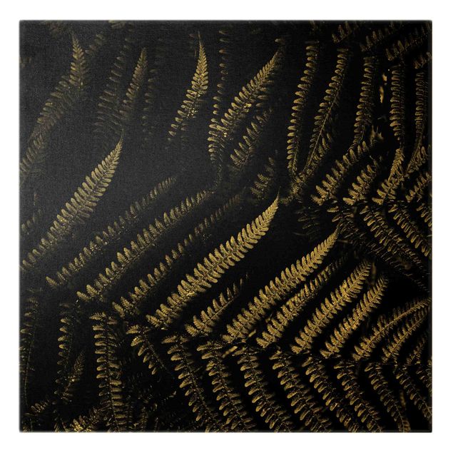 Leinwandbild Gold - Schwarz Weiß Botanik Farn - Quadrat 1:1