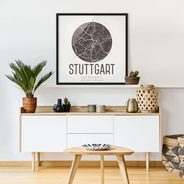 Weltkarte mit Bilderrahmen Stadtplan Stuttgart - Retro