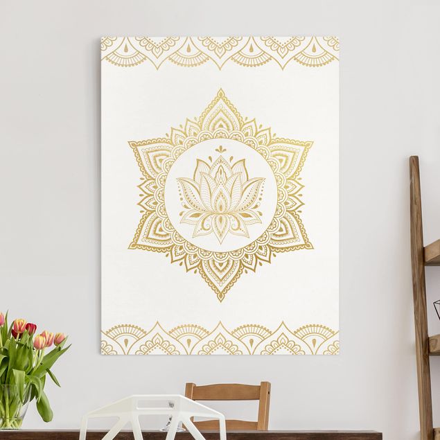 Leinwand Bilder XXL Mandala Lotus Illustration Ornament weiß gold