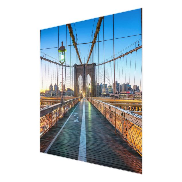 Glasbild - Morgenblick von der Brooklyn Bridge - Quadrat 1:1