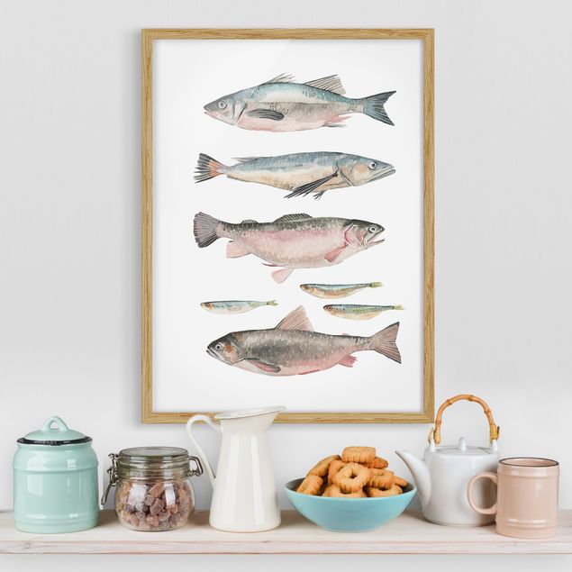 Gerahmte Kunstdrucke Sieben Fische in Aquarell I