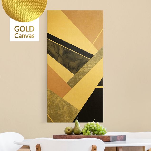 Leinwandbild Gold - Goldene Geometrie - Rosa Schwarz - Hochformat 1:2