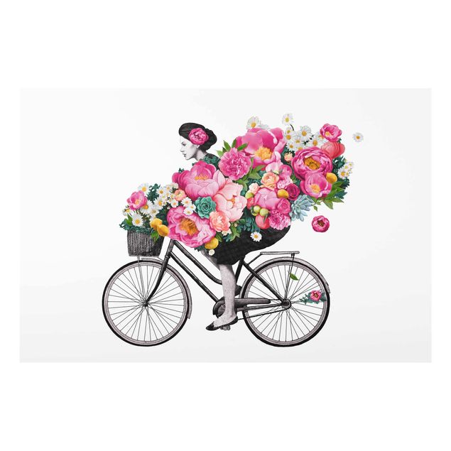 Glasbild - Illustration Frau auf Fahrrad Collage bunte Blumen - Querformat 2:3