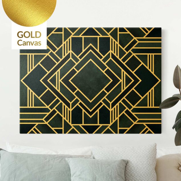 Leinwandbild Gold - Goldene Geoemetrie - Art Deco Blau - Querformat 4:3