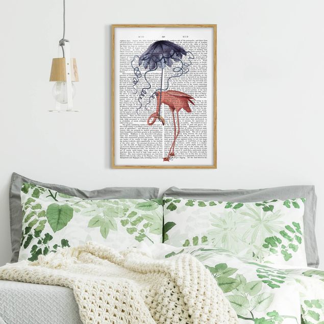Kunstdruck Bilder mit Rahmen Tierlektüre - Flamingo mit Regenschirm