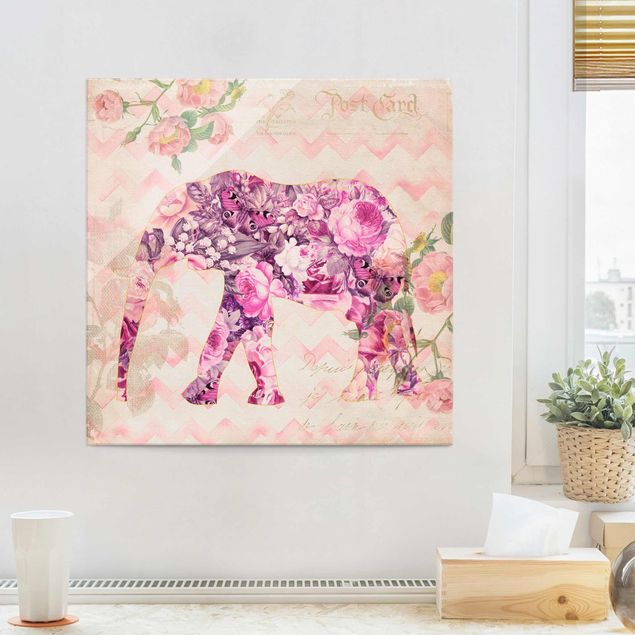 Wandbilder Tiere Vintage Collage - Rosa Blüten Elefant