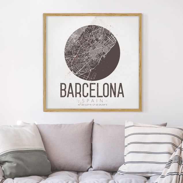 Gerahmte Bilder Sprüche Stadtplan Barcelona - Retro