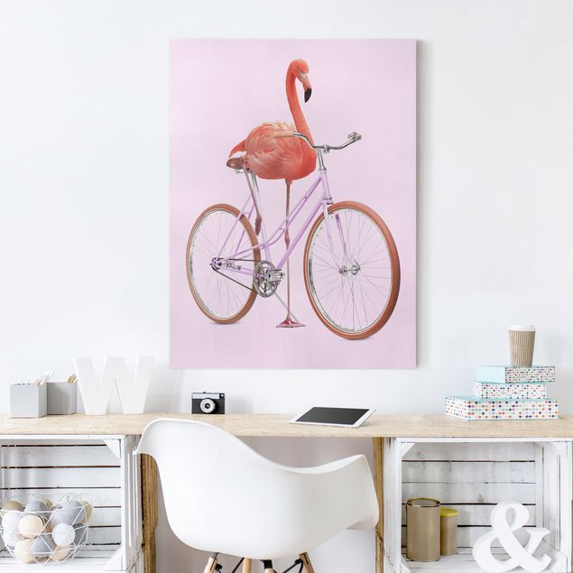Leinwand Vogel Flamingo mit Fahrrad