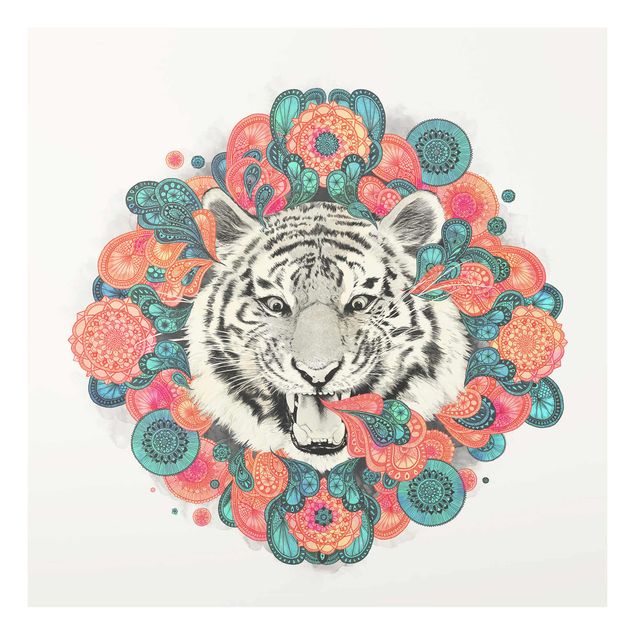 Glasbild - Illustration Tiger Zeichnung Mandala Paisley - Quadrat 1:1