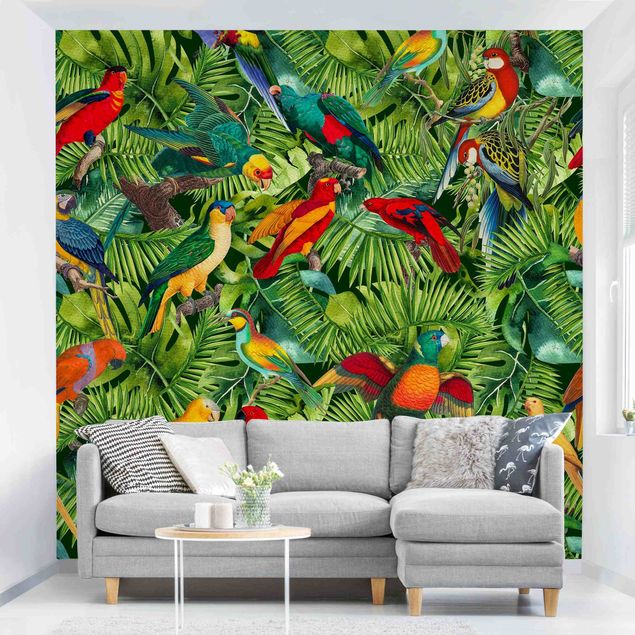 Dschungel Tapete Bunte Collage - Papageien im Dschungel