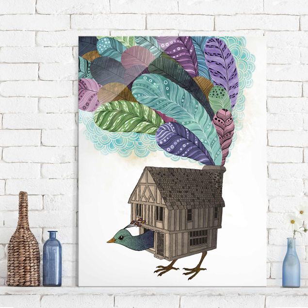 Glasbild - Illustration Vogel Haus mit Federn - Hochformat 4:3