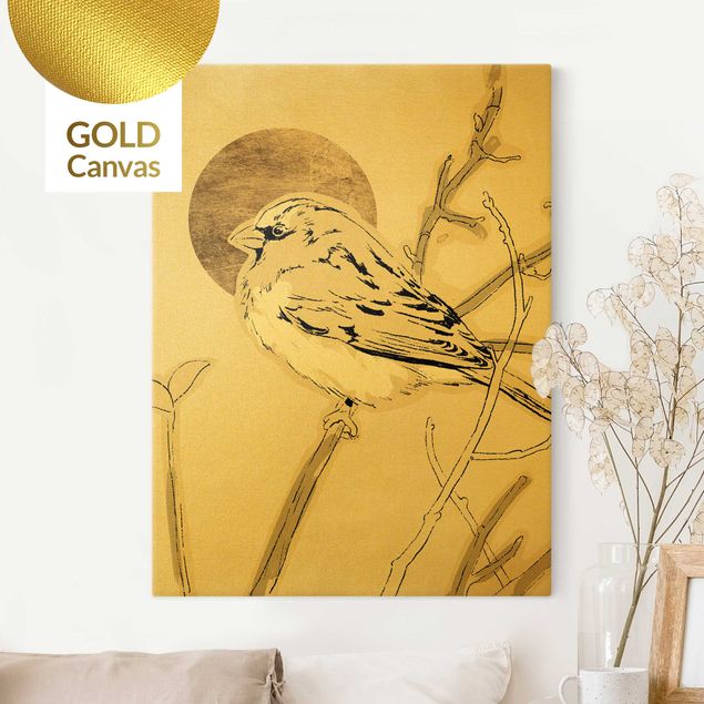 Leinwandbild Gold - Vogel vor goldener Sonne IV - Hochformat 3:4