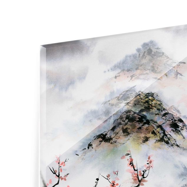 Glasbild - Japanische Aquarell Zeichnung Kirschbaum und Berge - Hochformat 4:3