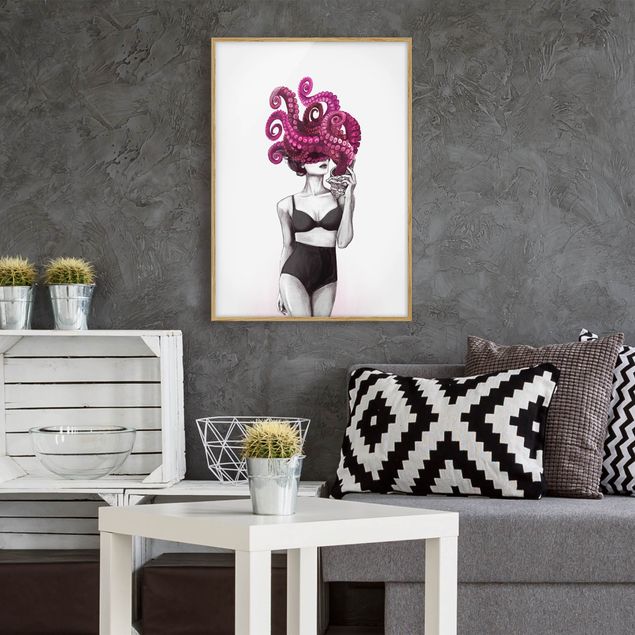 Kunstdruck Bilder mit Rahmen Illustration Frau in Unterwäsche Schwarz Weiß Oktopus