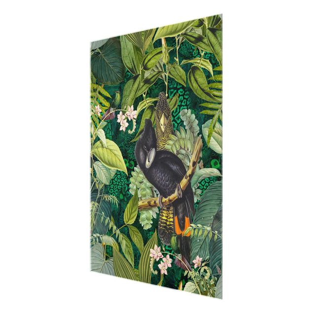 Glas Wandbilder Bunte Collage - Kakadus im Dschungel