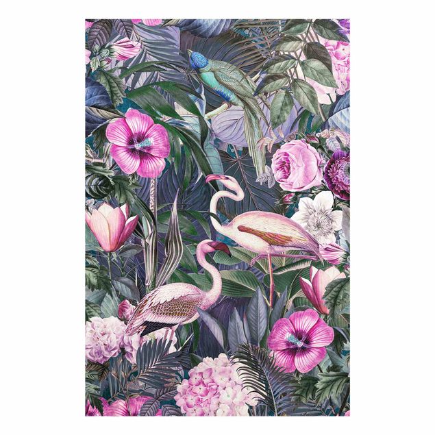 Wandbilder Bunte Collage - Pinke Flamingos im Dschungel