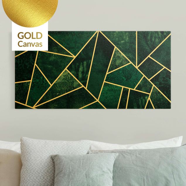 Leinwandbild Gold - Goldene Geometrie - Dunkles Türkis - Querformat 2:1