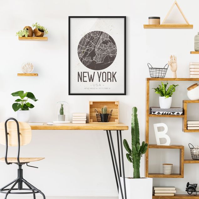 Weltkarten mit Rahmen Stadtplan New York - Retro