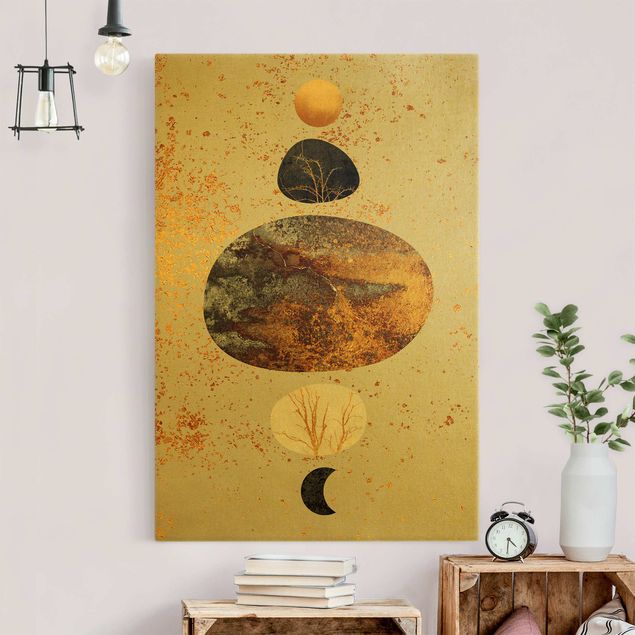Leinwandbild Gold - Sonne und Mond in Goldglanz - Hochformat 2:3