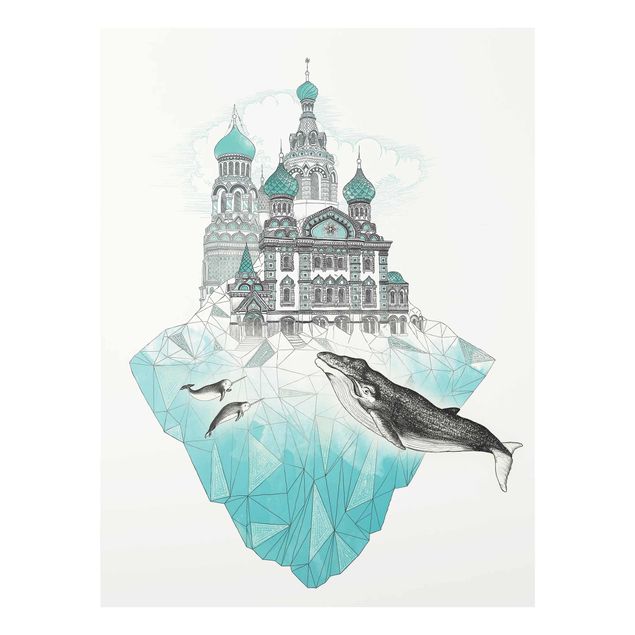 Glasbilder Tiere Illustration Kirche mit Kuppeln und Wal