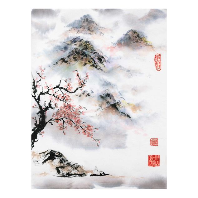 Glasbilder Japanische Aquarell Zeichnung Kirschbaum und Berge