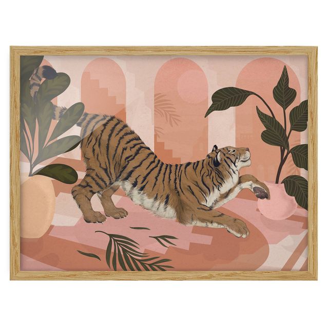 Bilder mit Rahmen Illustration Tiger in Pastell Rosa Malerei
