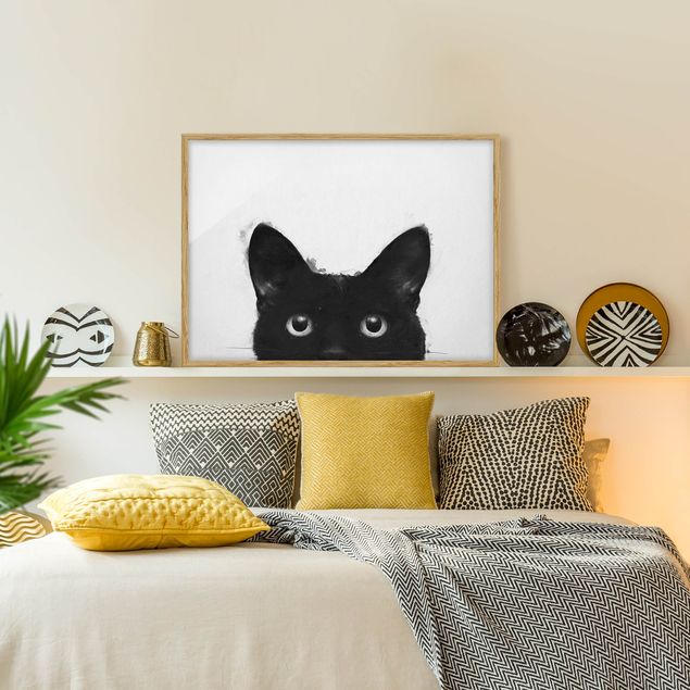 Schwarz-Weiß Bilder mit Rahmen Illustration Schwarze Katze auf Weiß Malerei