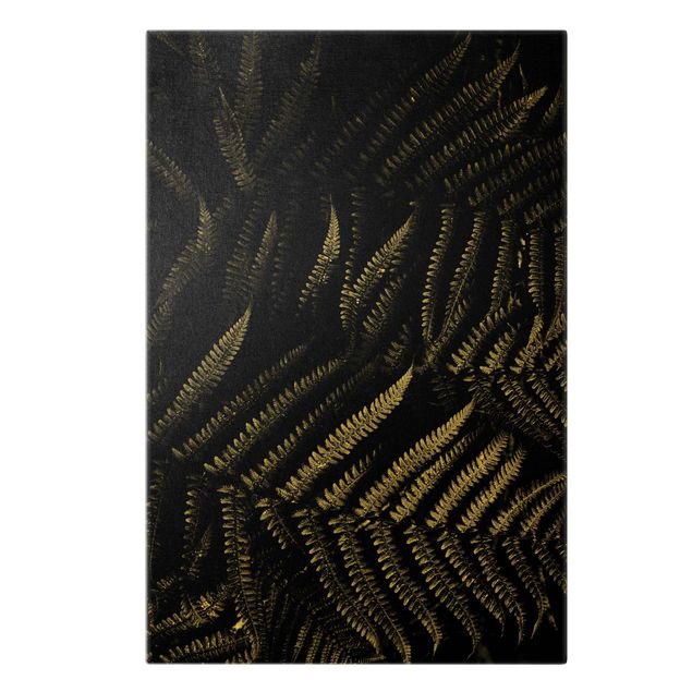 Leinwandbild Gold - Schwarz Weiß Botanik Farn - Hochformat 2:3