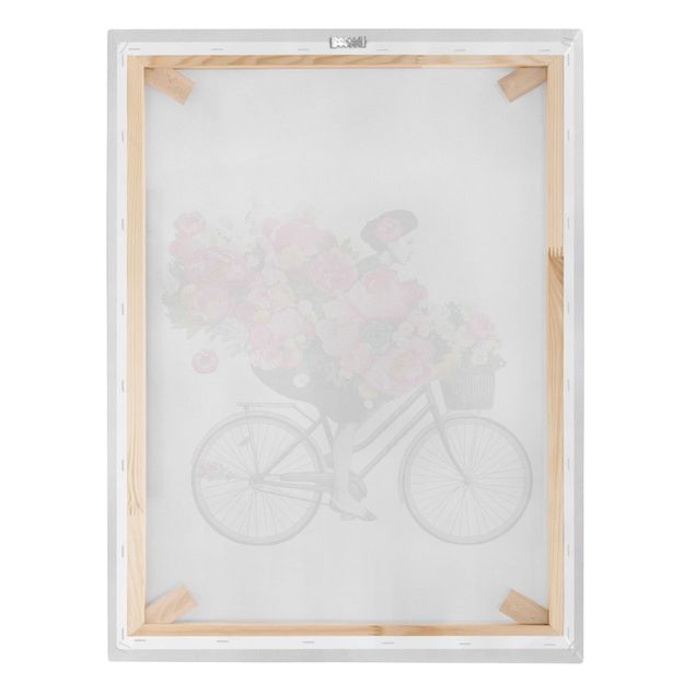 Schöne Leinwandbilder Illustration Frau auf Fahrrad Collage bunte Blumen