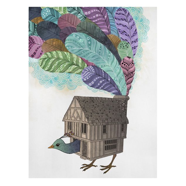 Kunstdrucke auf Leinwand Illustration Vogel Haus mit Federn