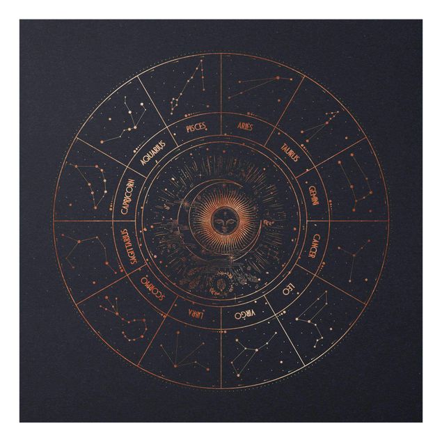 Glasbild - Astrologie Die 12 Sternzeichen Blau Gold - Quadrat 1:1