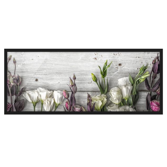 Bild mit Rahmen - Tulpen-Rose Shabby Holzoptik - Panorama Querformat