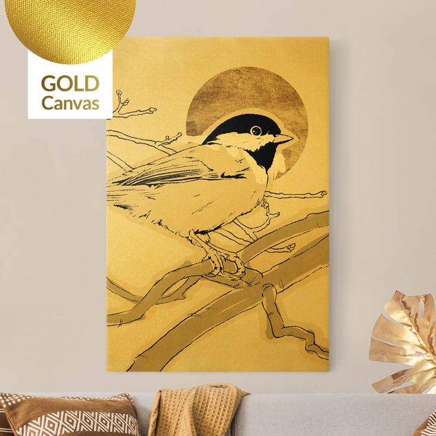 Leinwandbild Gold - Vogel vor goldener Sonne I - Hochformat 2:3