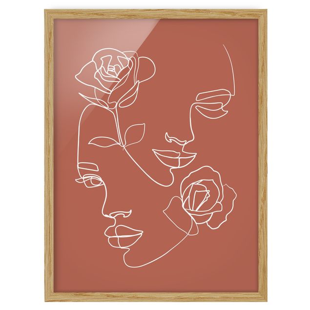 Bilder für die Wand Line Art Gesichter Frauen Rosen Kupfer