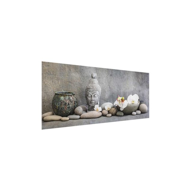 Glasbilder Zen Buddha mit weißen Orchideen