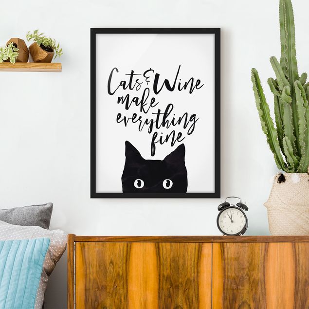 Bilder mit Rahmen Schwarz-Weiß Cats and Wine make everything fine