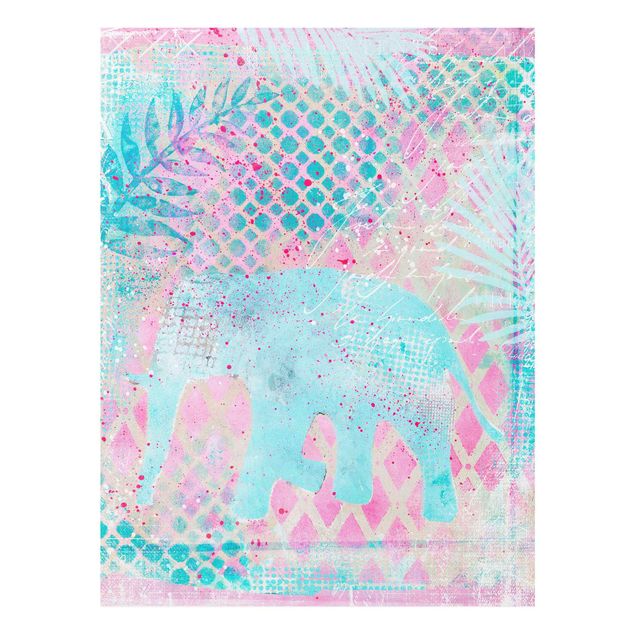 Wandbilder Bunte Collage - Elefant in Blau und Rosa
