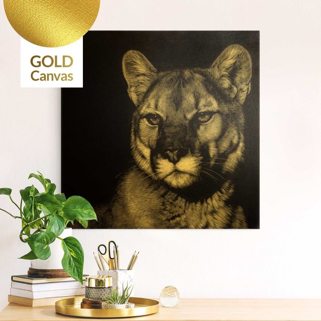 Leinwandbild Gold - Puma vor Schwarz - Quadrat 1:1