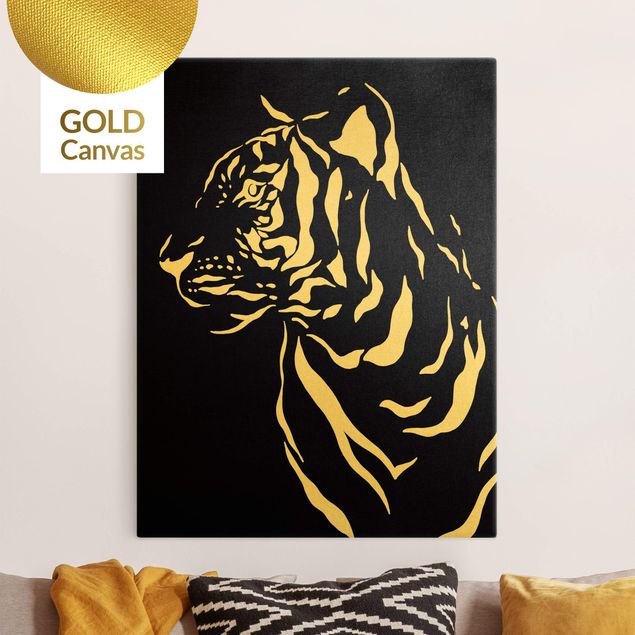 Leinwandbild Gold - Safari Tiere - Portrait Tiger Schwarz - Hochformat 3:4